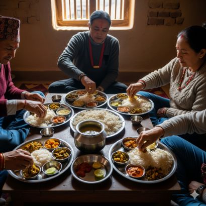 Traditional Nepali meal eaten with the right hand